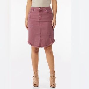 Frayed Hem Distressed Pink Stretch Denim Skirt
